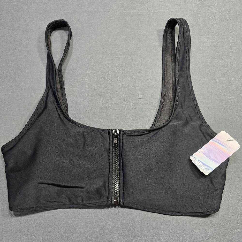 Forever21 Black Bikini Swimwear Top NEW $17 Women's Size XL Zip Front Padded Bra